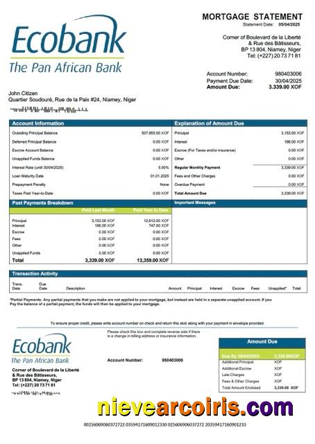 Niger Ecobank mortgage statement Word and PDF template